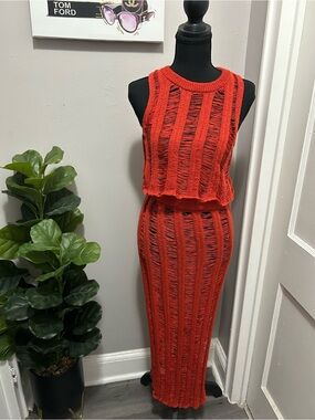 Red Knit Two-Piece Swim Cover Set